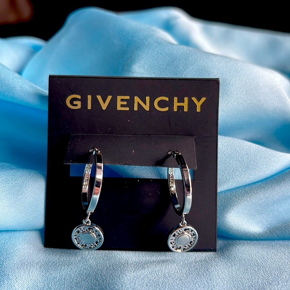 GIVENCHY- silver dangle medallion hoop earrings - BNWT classic designer lux